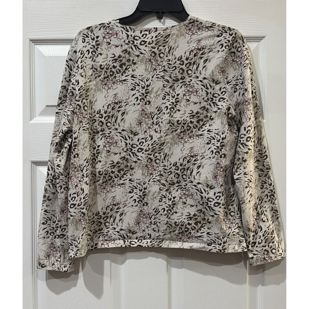 Kim Rogers Leopard Animal Print Floral Top Beige Brown 3/4 Sleeve Tee Size L - Picture 4 of 10